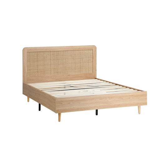 Double Size Wooden Bed Frame with Rattan Headboard