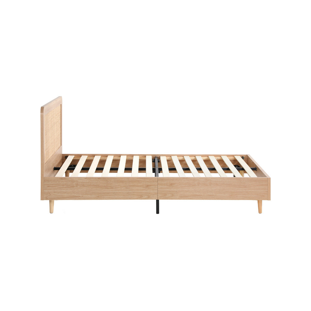 Double Size Wooden Bed Frame with Rattan Headboard