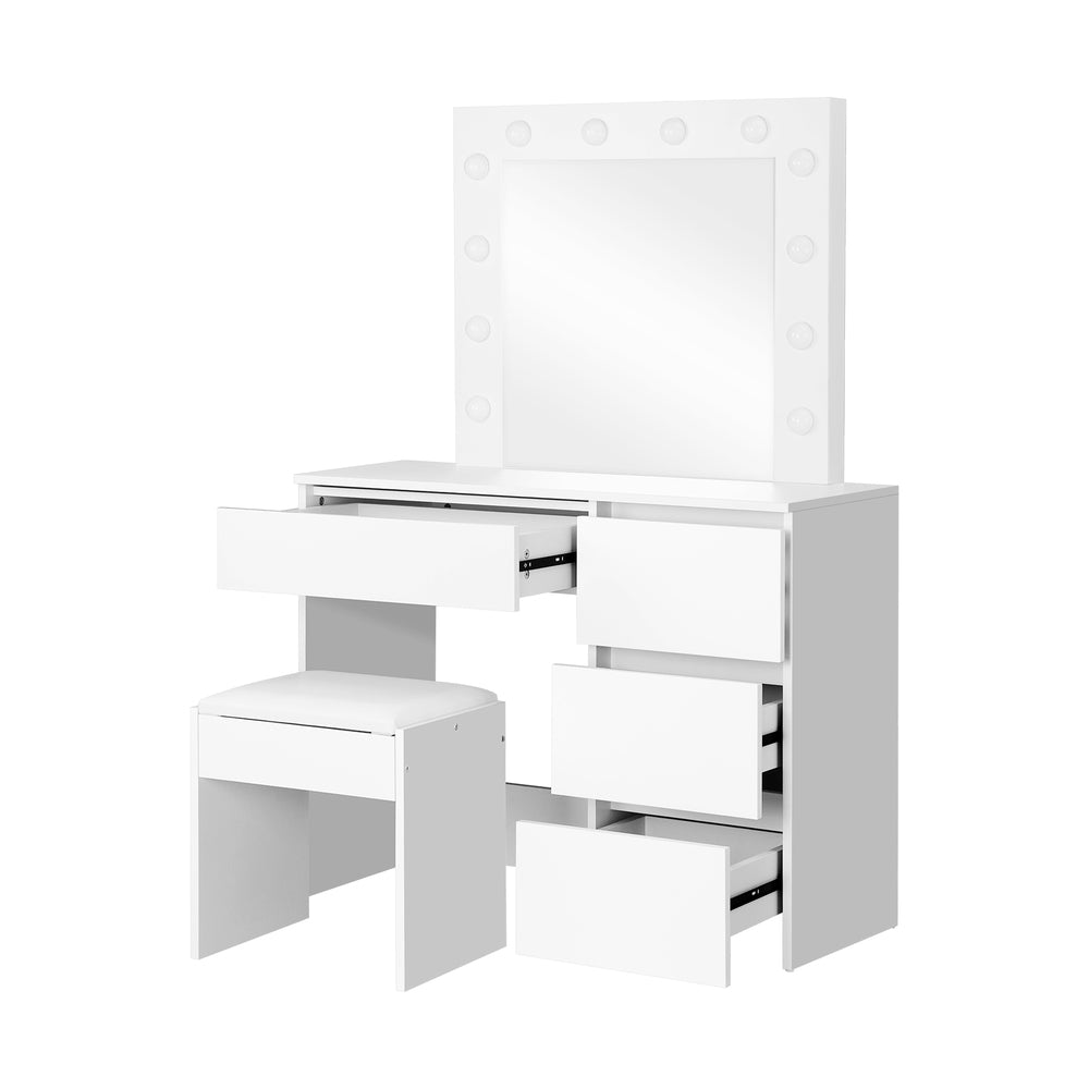 Dressing Table and Stool Set with 12 Bulb Mirror White