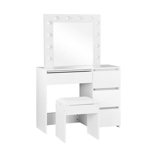 Dressing Table and Stool Set with 12 Bulb Mirror White