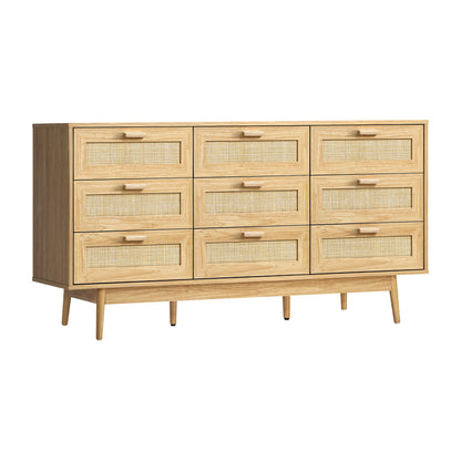 9 Drawer Wooden Lowboy with Rattan Fronts