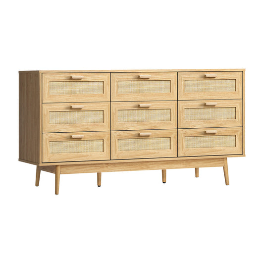 9 Drawer Wooden Lowboy with Rattan Fronts