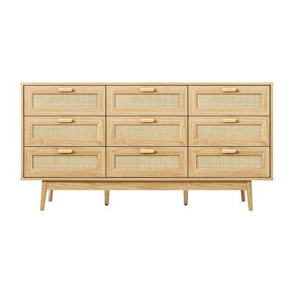 9 Drawer Wooden Lowboy with Rattan Fronts