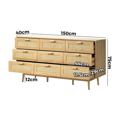 9 Drawer Wooden Lowboy with Rattan Fronts
