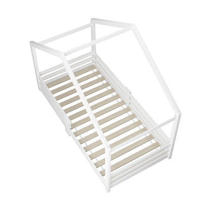 Kids Single Bed Frame Wooden House Style White