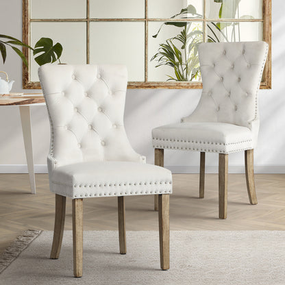 Set of 2 Velvet Dining Chairs French Tufted Beige