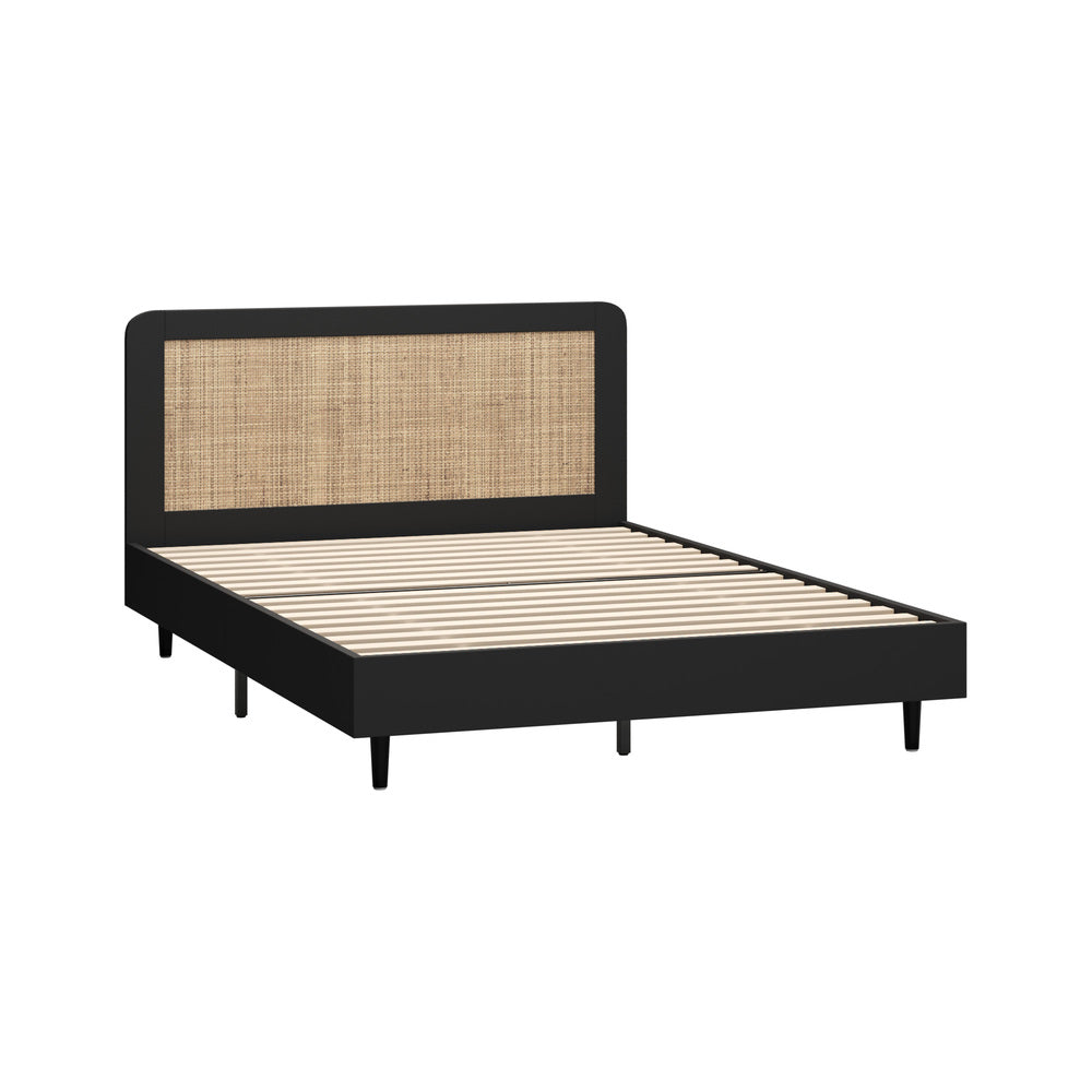 Double Bed Frame with Real Rattan Headboard Black
