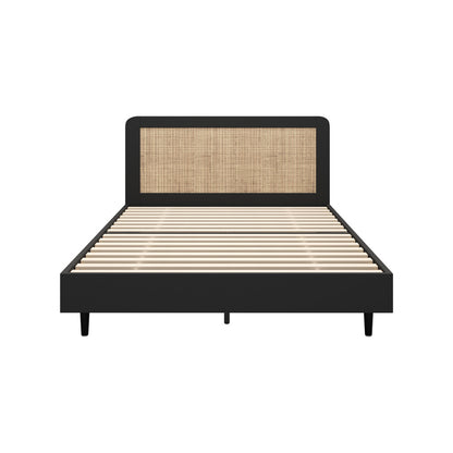 Double Bed Frame with Real Rattan Headboard Black