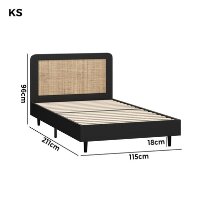 King Single Bed Frame with Real Rattan Headboard Black