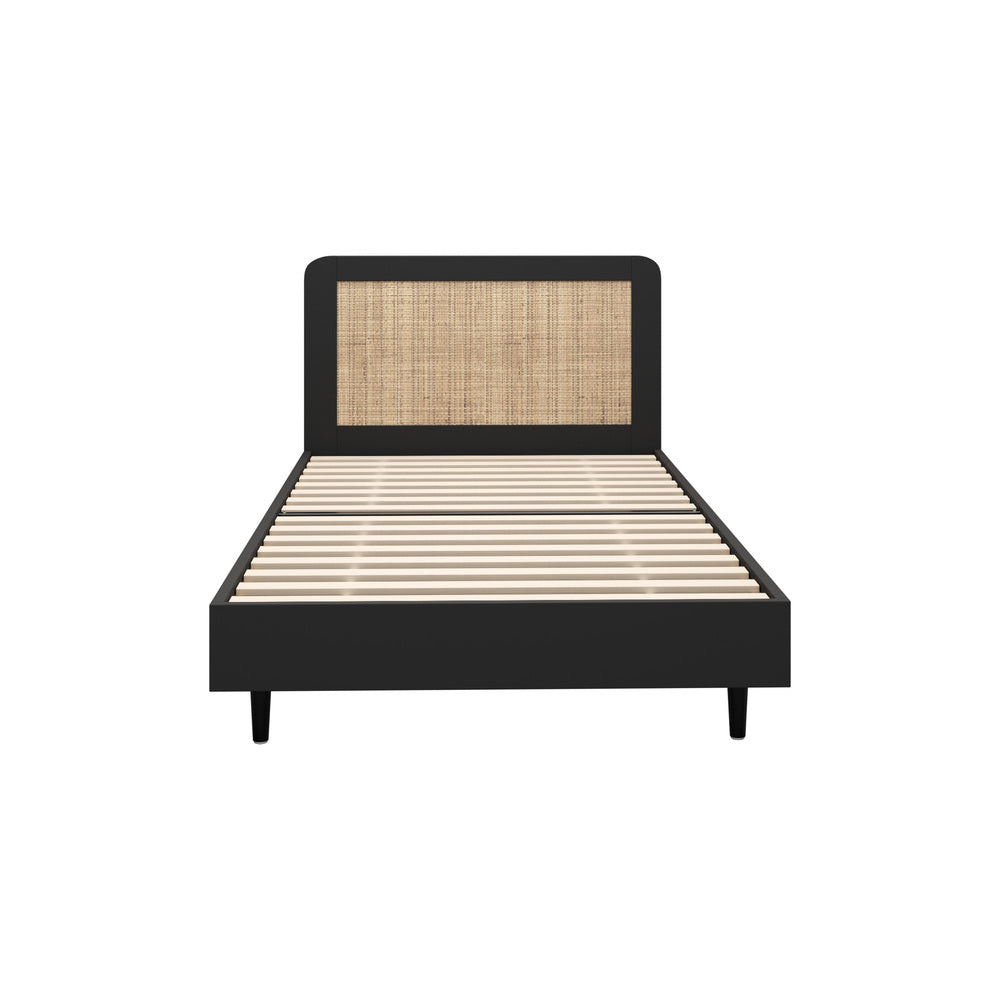 King Single Bed Frame with Real Rattan Headboard Black
