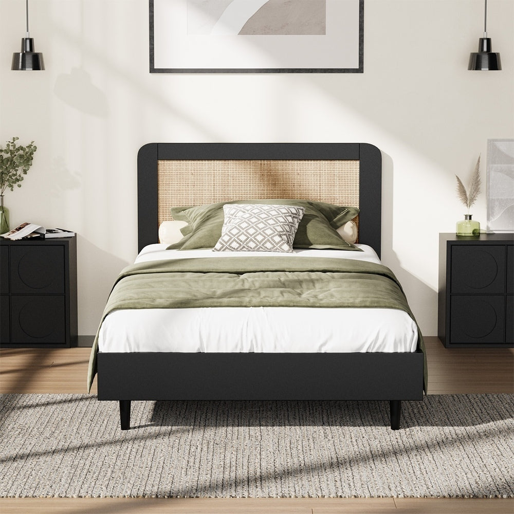King Single Bed Frame with Real Rattan Headboard Black