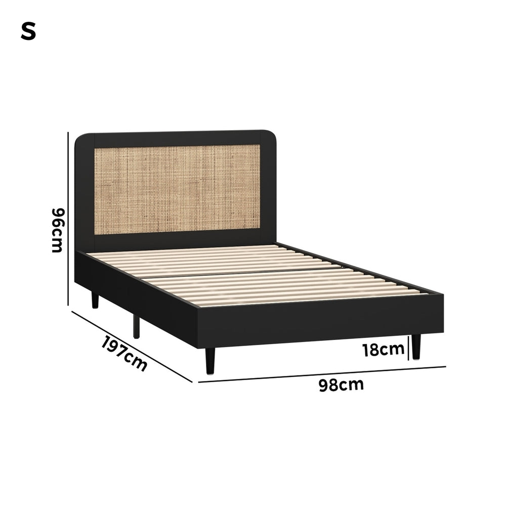 Single Bed Frame with Real Rattan Headboard Black