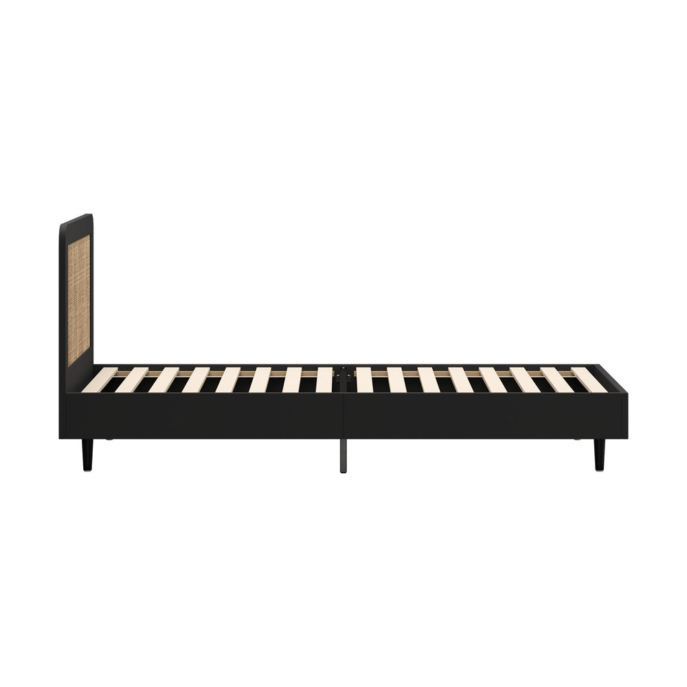 Single Bed Frame with Real Rattan Headboard Black