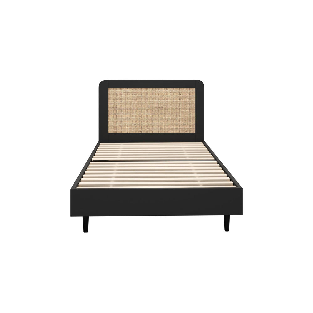 Single Bed Frame with Real Rattan Headboard Black