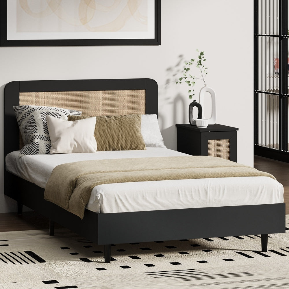 Single Bed Frame with Real Rattan Headboard Black