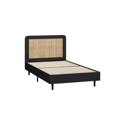 Single Bed Frame with Real Rattan Headboard Black