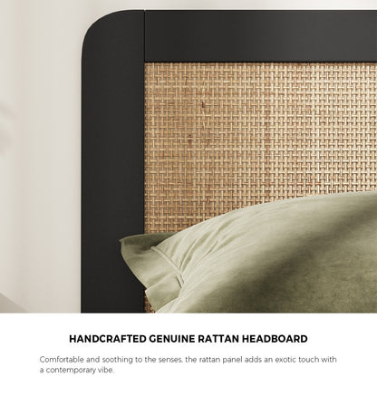 Single Bed Frame with Real Rattan Headboard Black