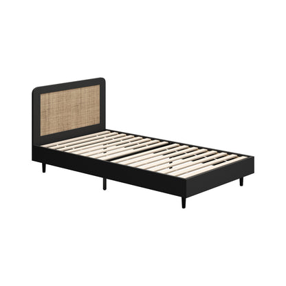 Single Bed Frame with Real Rattan Headboard Black