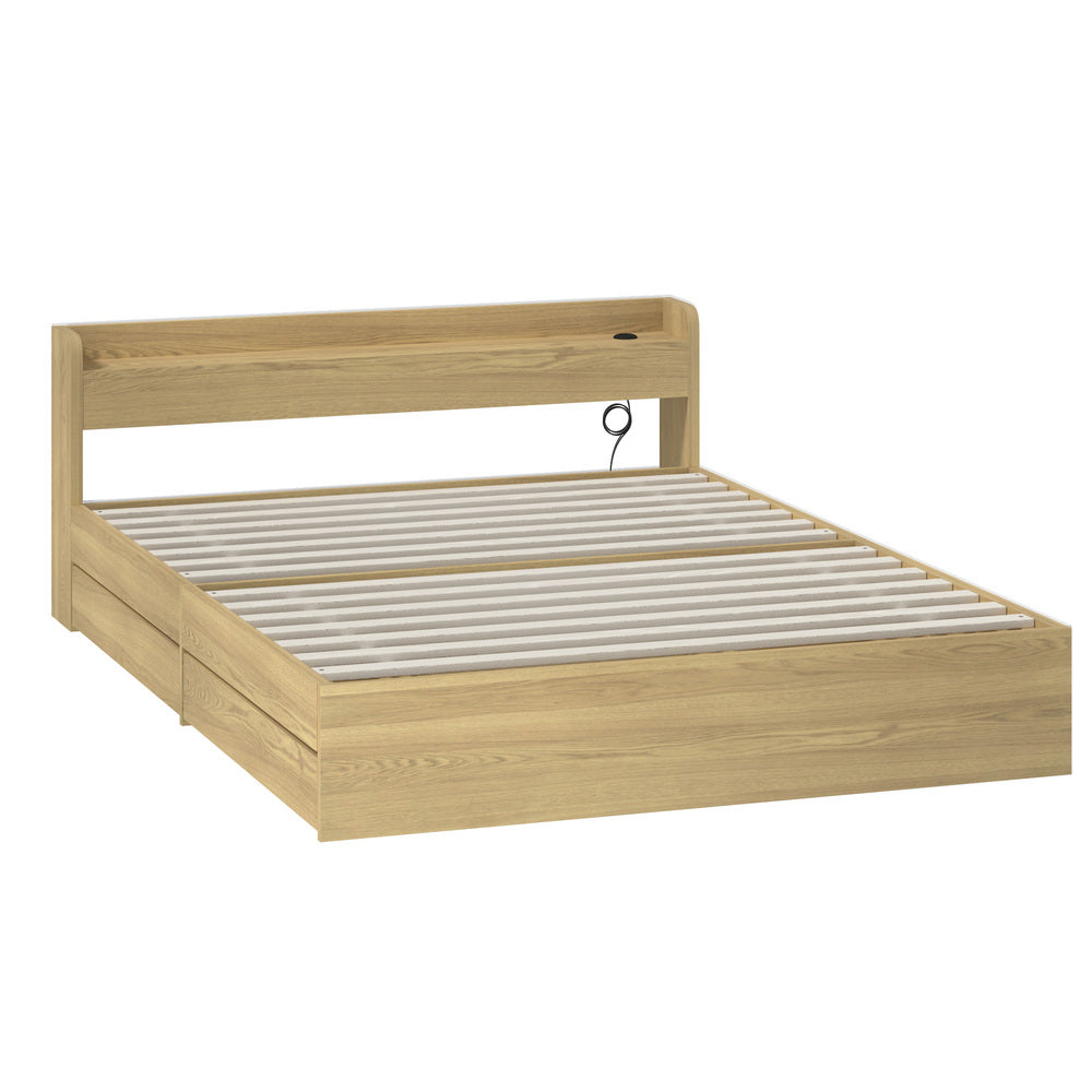 Queen Bed Frame with Charging Ports and 2 Drawers