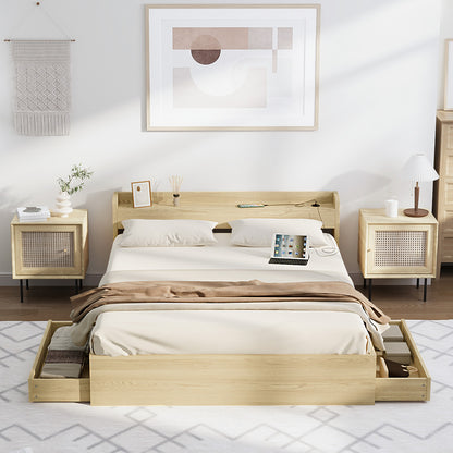 Queen Bed Frame with Charging Ports and 2 Drawers