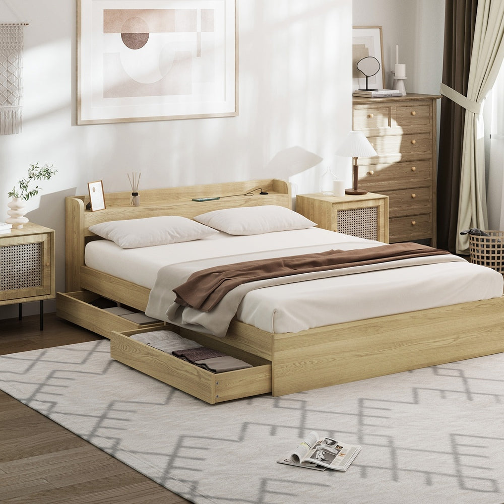 Queen Bed Frame with Charging Ports and 2 Drawers