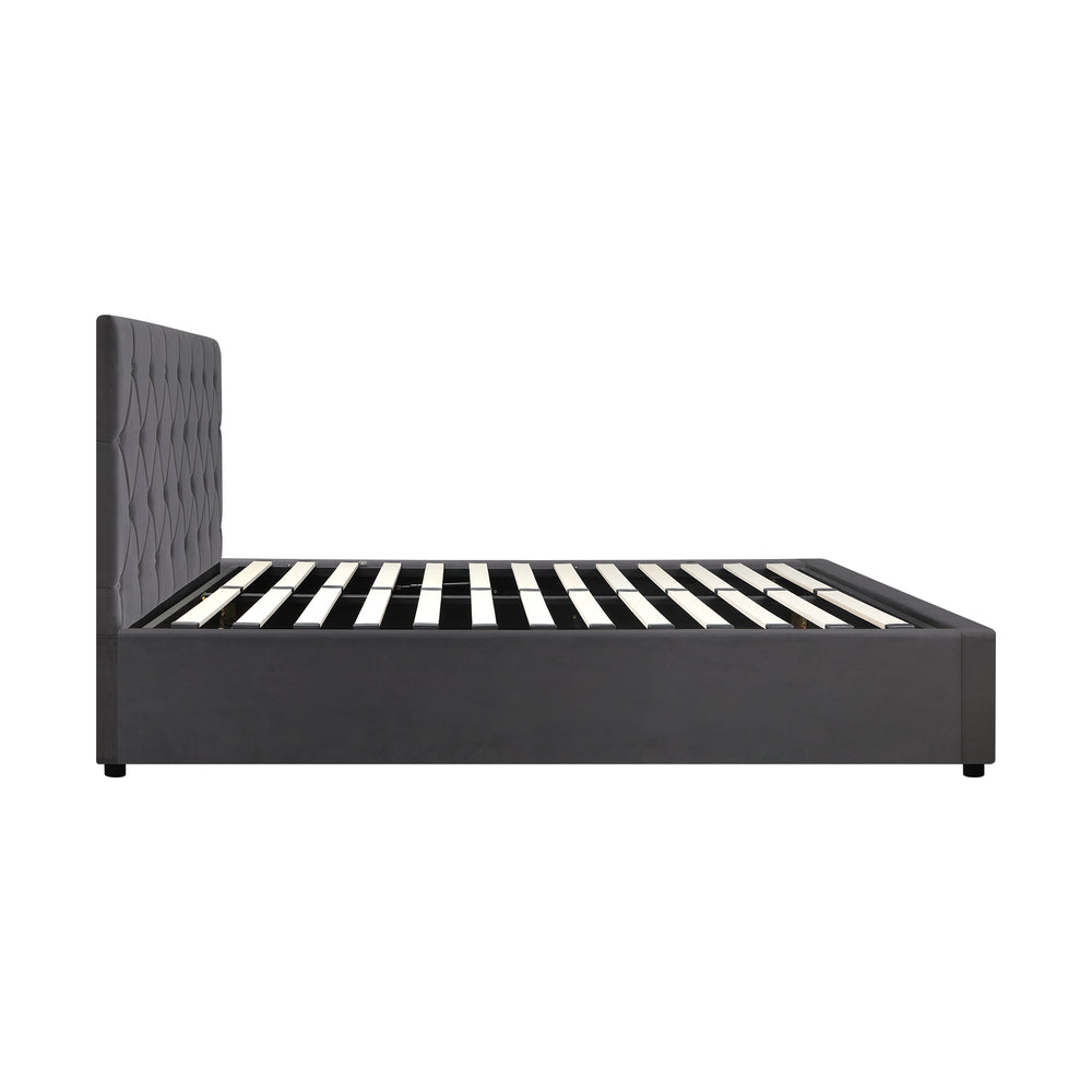 Queen Size Bed Frame with Gas Lift Storage Base Fabric Grey