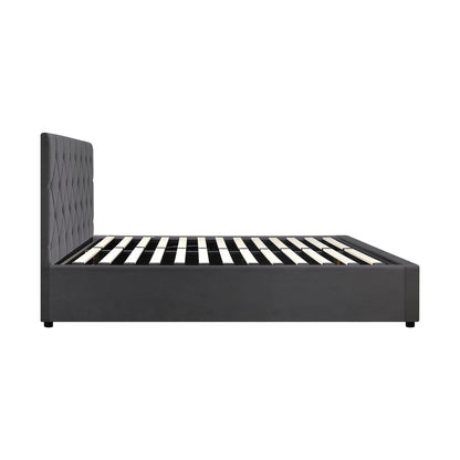 Queen Size Bed Frame with Gas Lift Storage Base Fabric Grey
