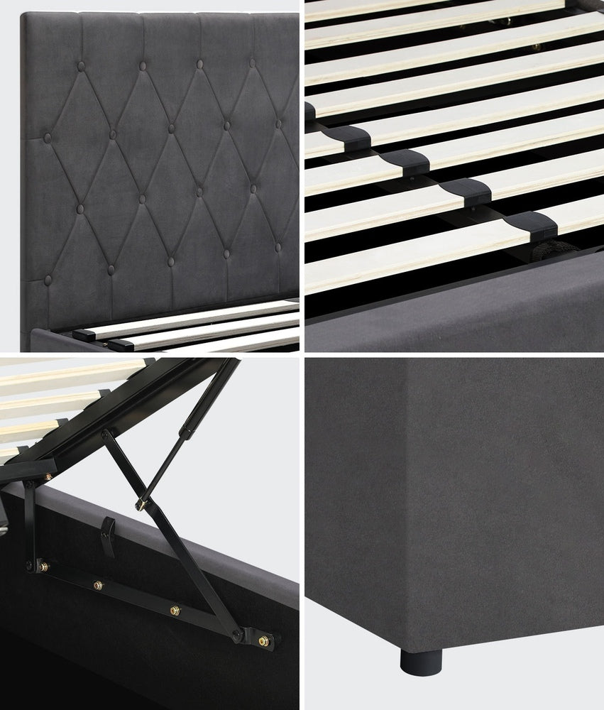 Queen Size Bed Frame with Gas Lift Storage Base Fabric Grey