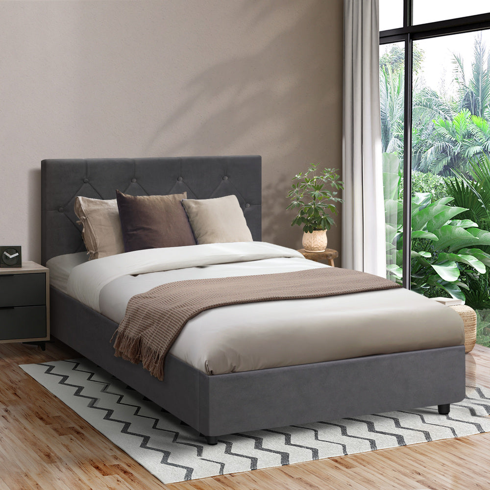 King Single Size Bed Frame with Gas Lift Storage Base Fabric Grey
