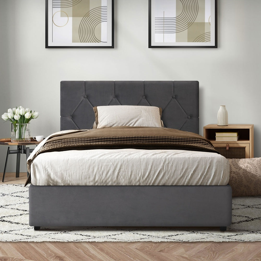 King Single Size Bed Frame with Gas Lift Storage Base Fabric Grey