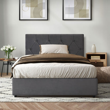 King Single Size Bed Frame with Gas Lift Storage Base Fabric Grey