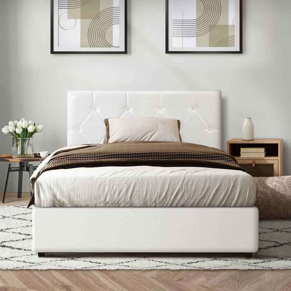 King Single Bed Frame with Gas Lift Storage Base Leather White