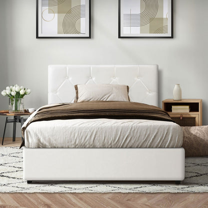 King Single Bed Frame with Gas Lift Storage Base Leather White