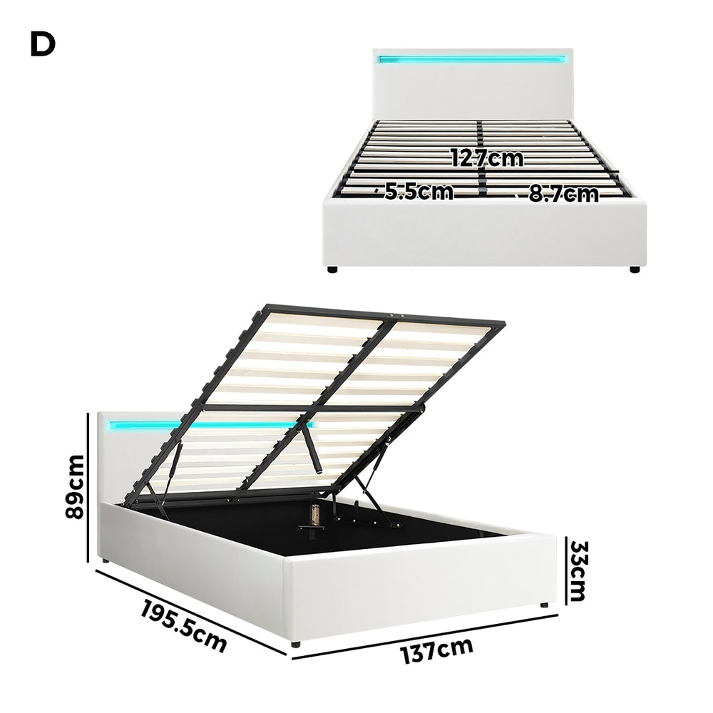 Double Bed Frame with RGB LED and Gas Lift Storage Base White