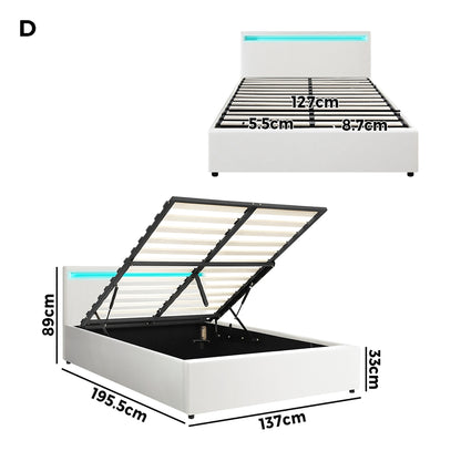 Double Bed Frame with RGB LED and Gas Lift Storage Base White