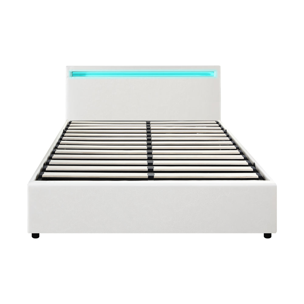 Double Bed Frame with RGB LED and Gas Lift Storage Base White