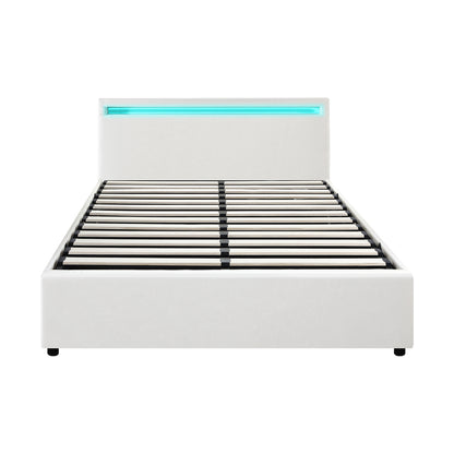 Double Bed Frame with RGB LED and Gas Lift Storage Base White