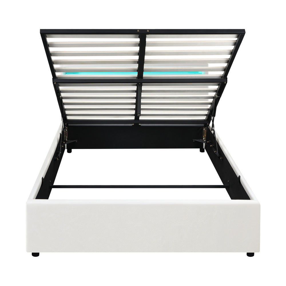 Double Bed Frame with RGB LED and Gas Lift Storage Base White