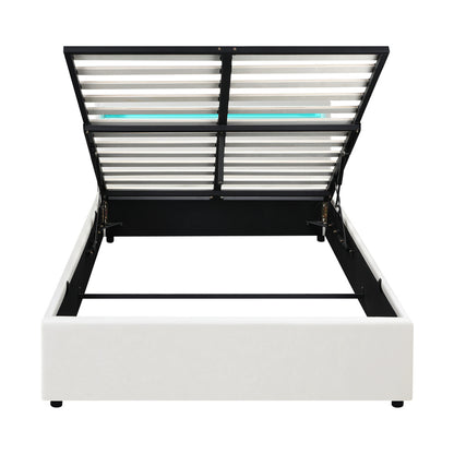 Double Bed Frame with RGB LED and Gas Lift Storage Base White