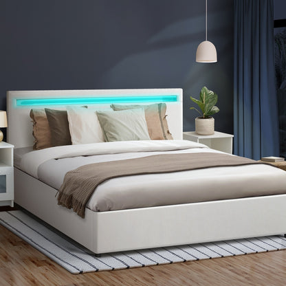 Double Bed Frame with RGB LED and Gas Lift Storage Base White