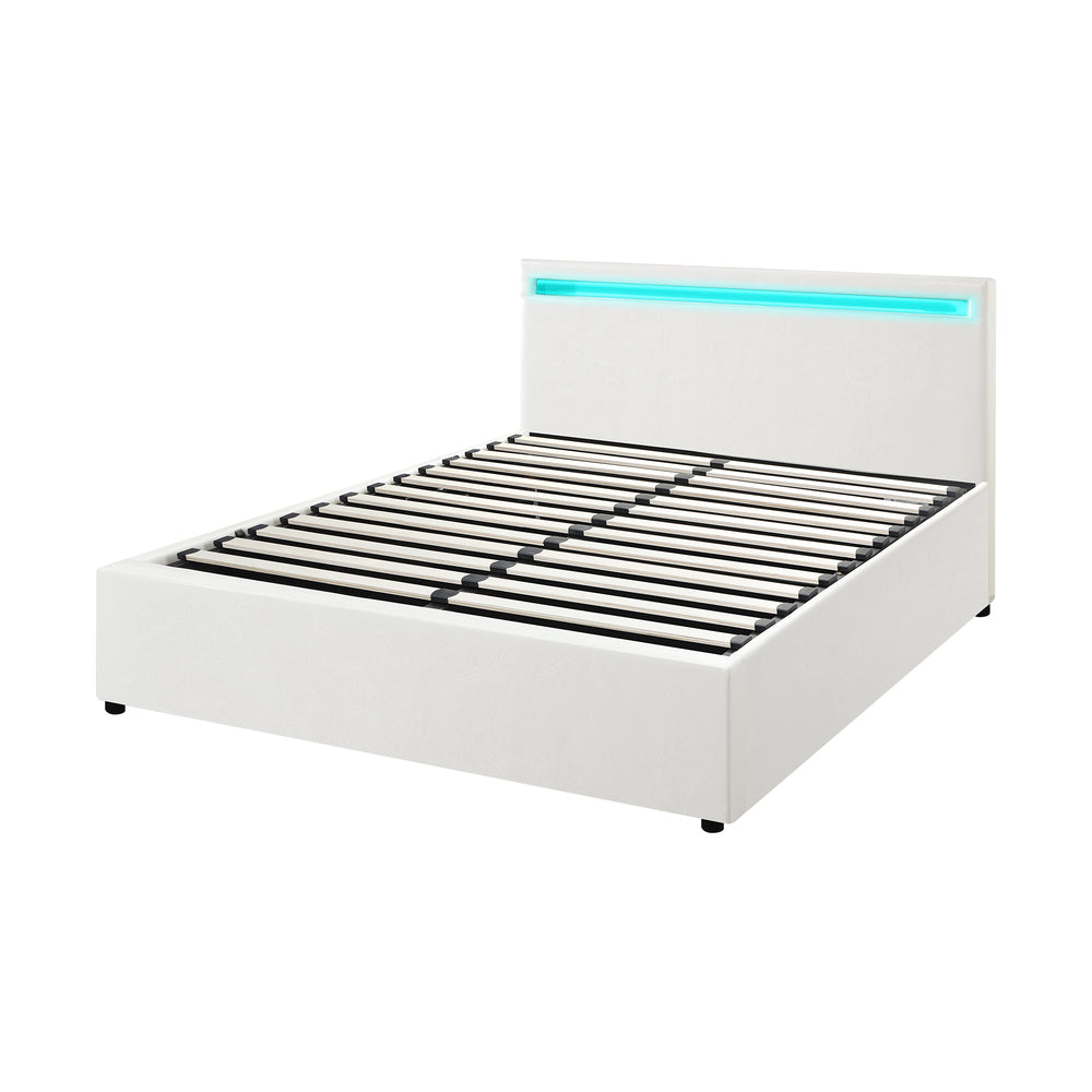 Double Bed Frame with RGB LED and Gas Lift Storage Base White