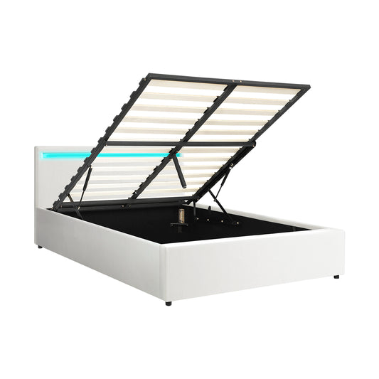 Double Bed Frame with RGB LED and Gas Lift Storage Base White