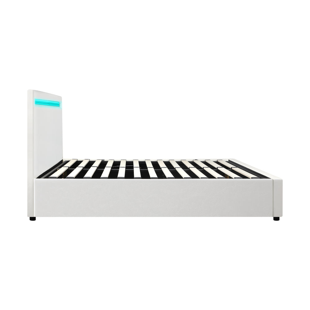 Double Bed Frame with RGB LED and Gas Lift Storage Base White