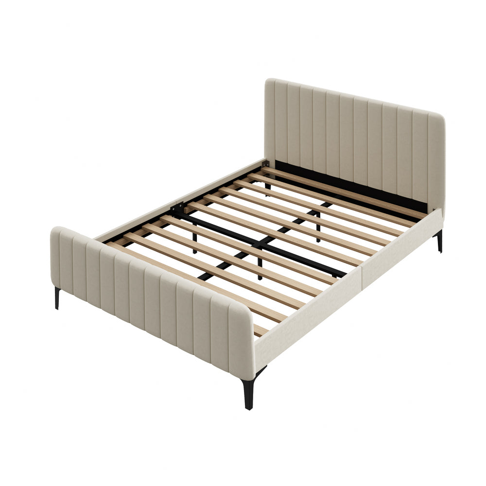 Double Bed Frame Velvet Fabric Beige