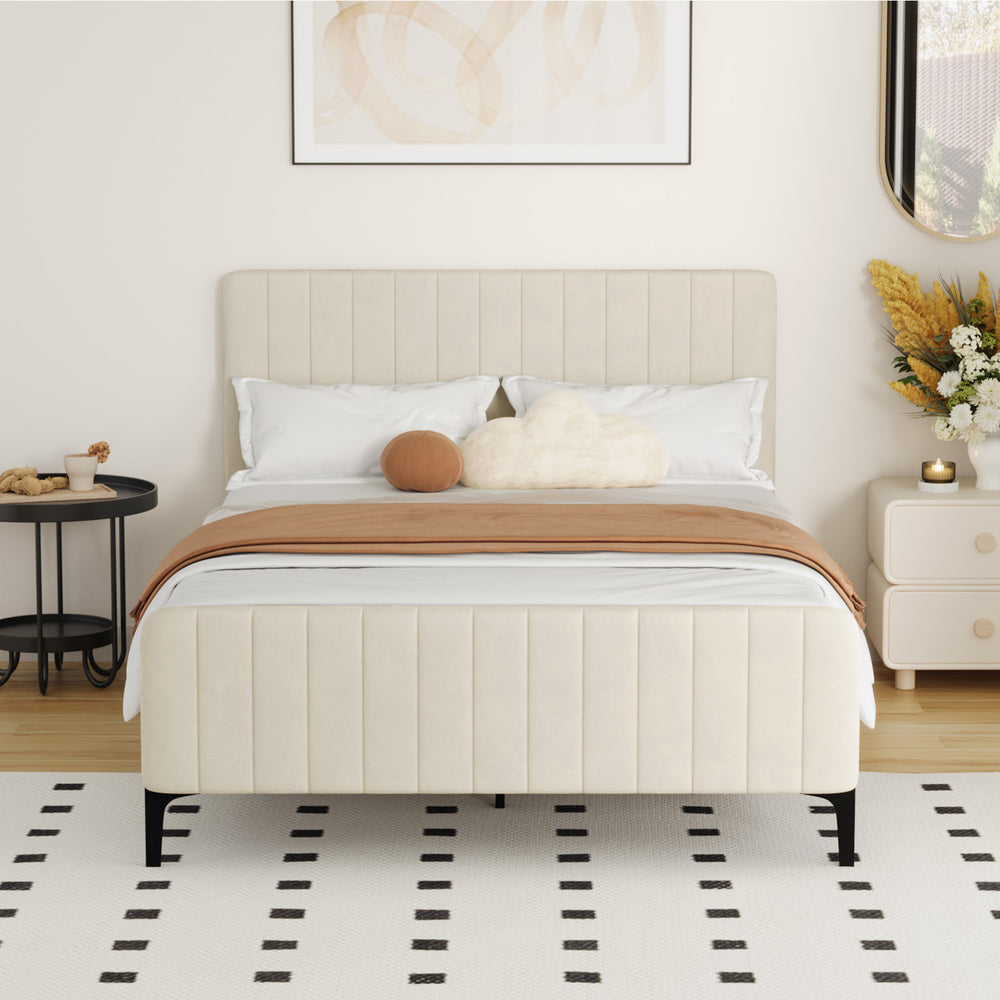 Double Bed Frame Velvet Fabric Beige