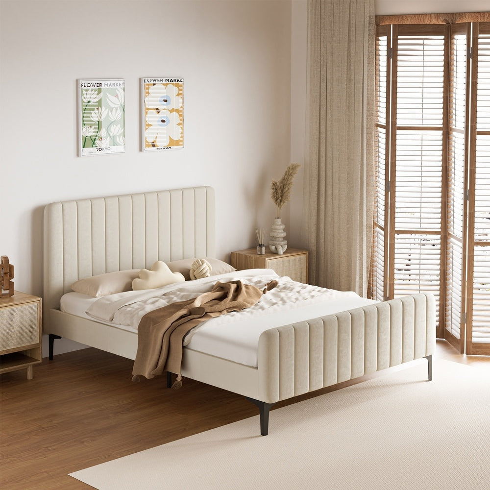 Double Bed Frame Velvet Fabric Beige