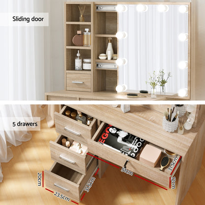 Artiss Dressing Table Set Stool 10 Led Bulbs Wood