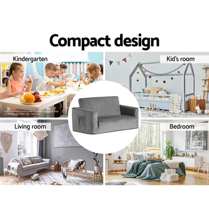 Keezi Kids Sofa 2 Seater Children Flip Open Couch Velvet Armchair Grey