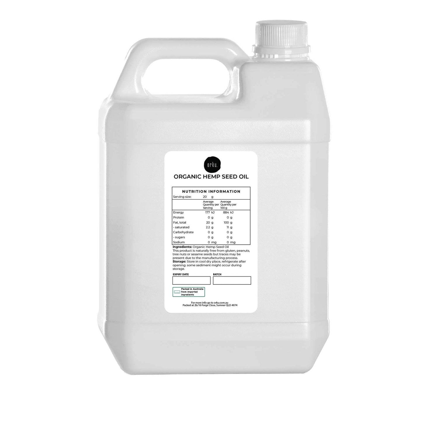 Orku 5L Organic Hemp Seed Oil - Cold Pressed Food Grade Oils