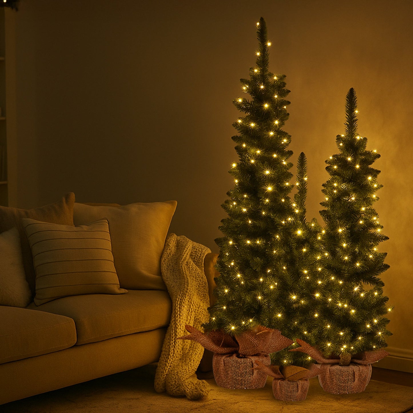 Christabelle Set of 3 Pre-Lit Christmas Trees Green Pine w/LED Lights, Hessian Base & Individual Plugs Varying Heights